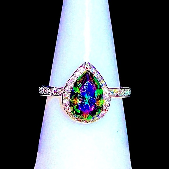 Exclusively Fancy Jewelry - Mystic Rainbow Teardrop Cut Sterling Silver Ring with AAA Zircon stones NWT